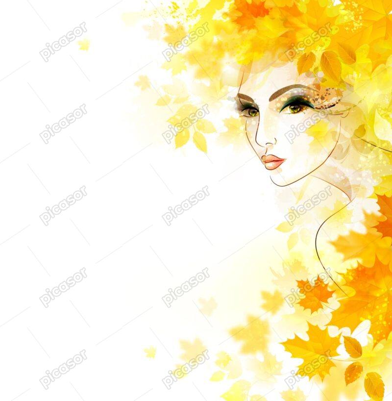وکتور صورت زن جوان و برگهای پاییزی - وکتور زن پاییزی