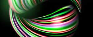 وکتور پس زمینه موج نورهای رنگی روشن - پس زمینه آبستره تم تکنولوژی با موج نورهای رنگی سبز و قرمز
