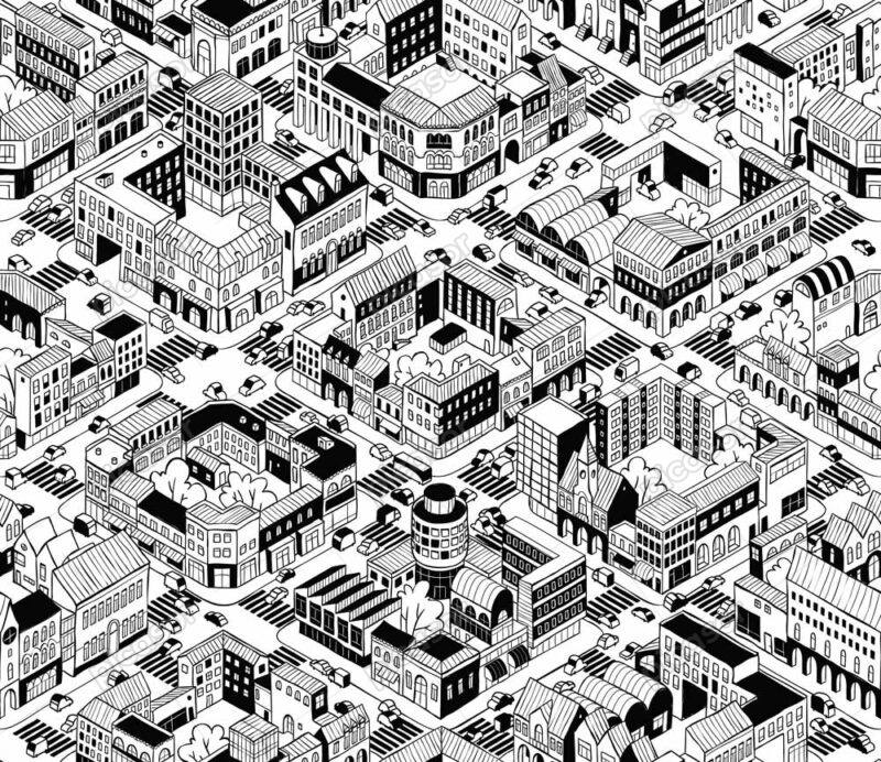وکتور پترن نقاشی شهر و ساختمان و خیابان - وکتور پس زمینه شهر و ساختمان از بالا