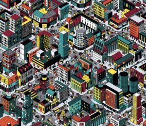 وکتور پترن نقاشی شهر و ساختمان و خیابان تم رنگی - وکتور پس زمینه شهر و ساختمان از بالا