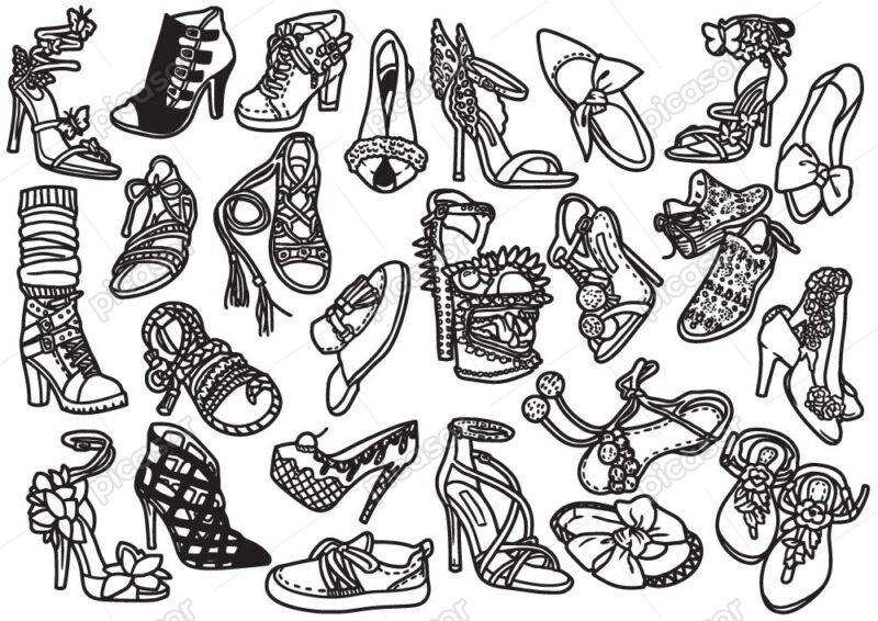 25 وکتور نقاشی انوع کفش زنانه - وکتور کفشهای زنانه طرح خطی