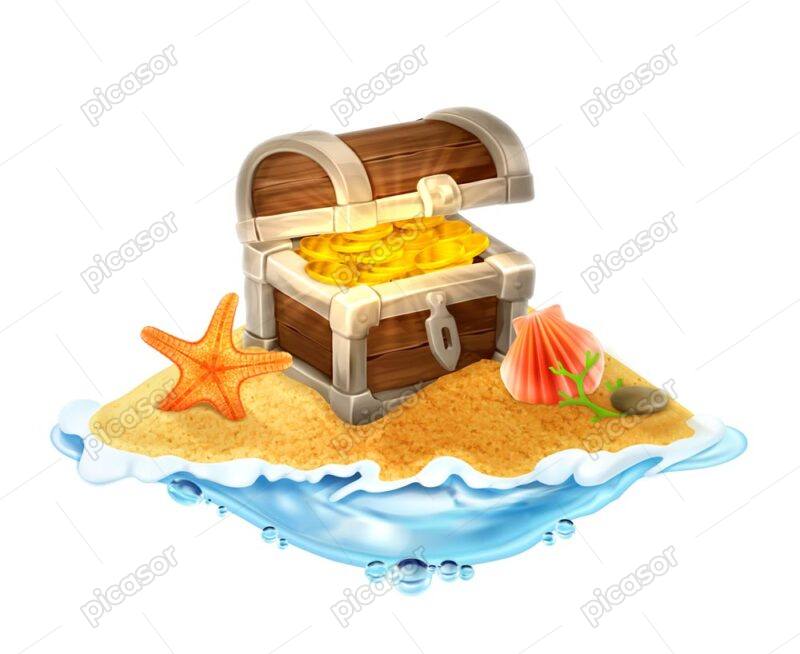 وکتور صندوقچه گنج در ساحل با سکه های طلا و ستاره دریایی و صدف