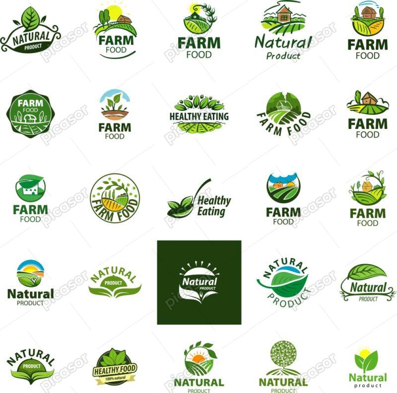 25 لوگو مزرعه لوگو کشاورزی ارگانیک - وکتور لیبل ارگانیک با برگهای سبز و مزرعه