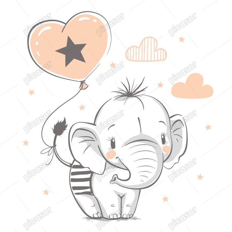 وکتور نقاشی بچه فیل با بادکنک