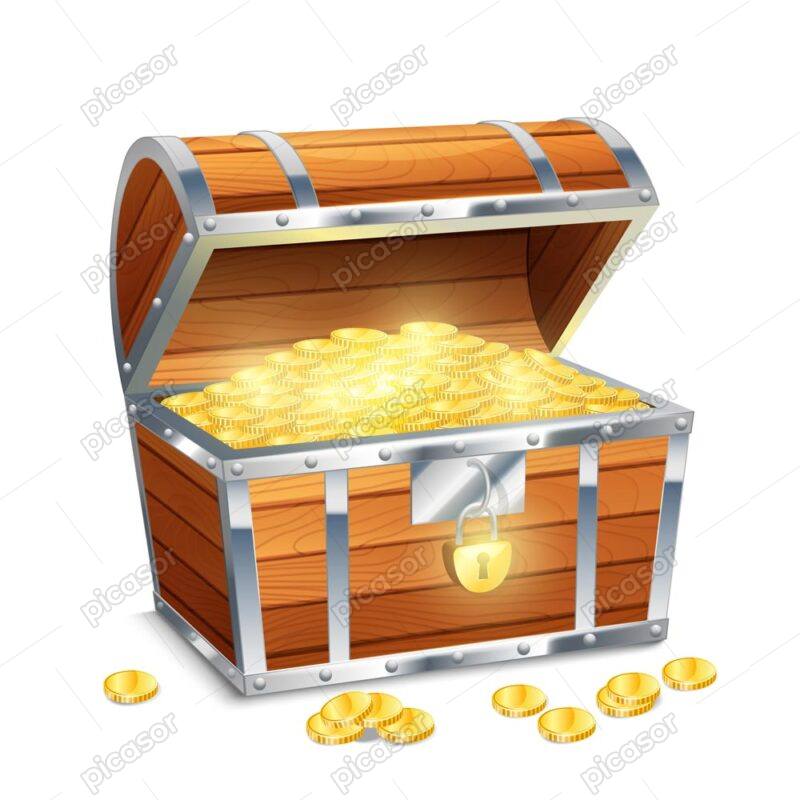 وکتور صندوقچه گنج با قفل و سکه های طلا
