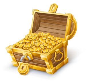وکتور صندوقچه گنج طلایی با سکه های طلا و قفل طلایی