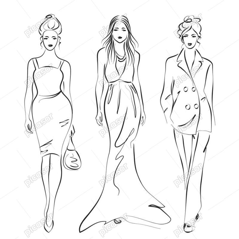 3 وکتور نقاشی خطی زنان فشن مدل با استایل مد روز
