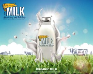 وکتور بطری شیر در مزرعه دامپروری - وکتور پس زمینه تبلیغاتی صنایع شیر و لبنیات