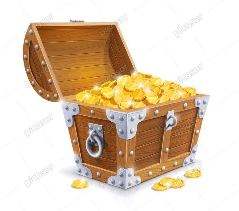 وکتور صندوقچه گنج با سکه های طلا