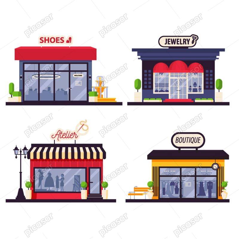 4 وکتور ساختمان و ویترین فروشگاه های مختلف طرح کارتون