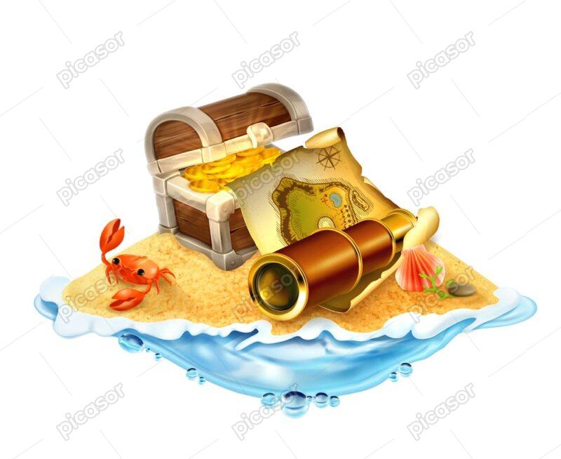 وکتور صندوقچه گنج در ساحل با سکه های طلا و خرچنگ و صدف