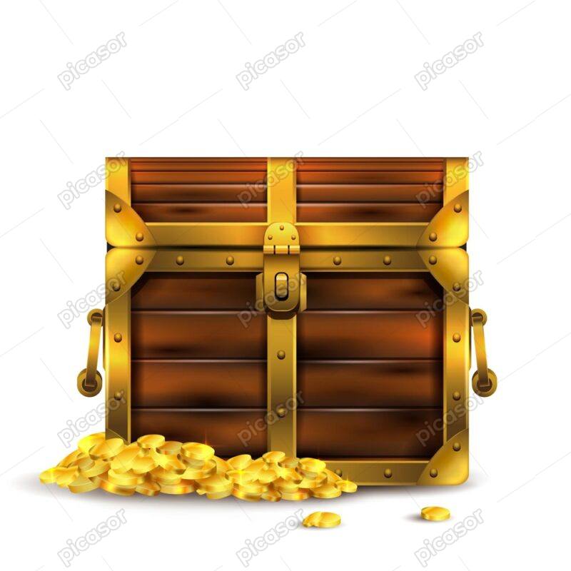 وکتور صندوقچه گنج بسته با سکه های طلا