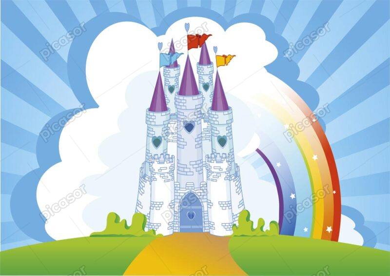 وکتور قصر کارتونی با رنگین کمان و آسمان