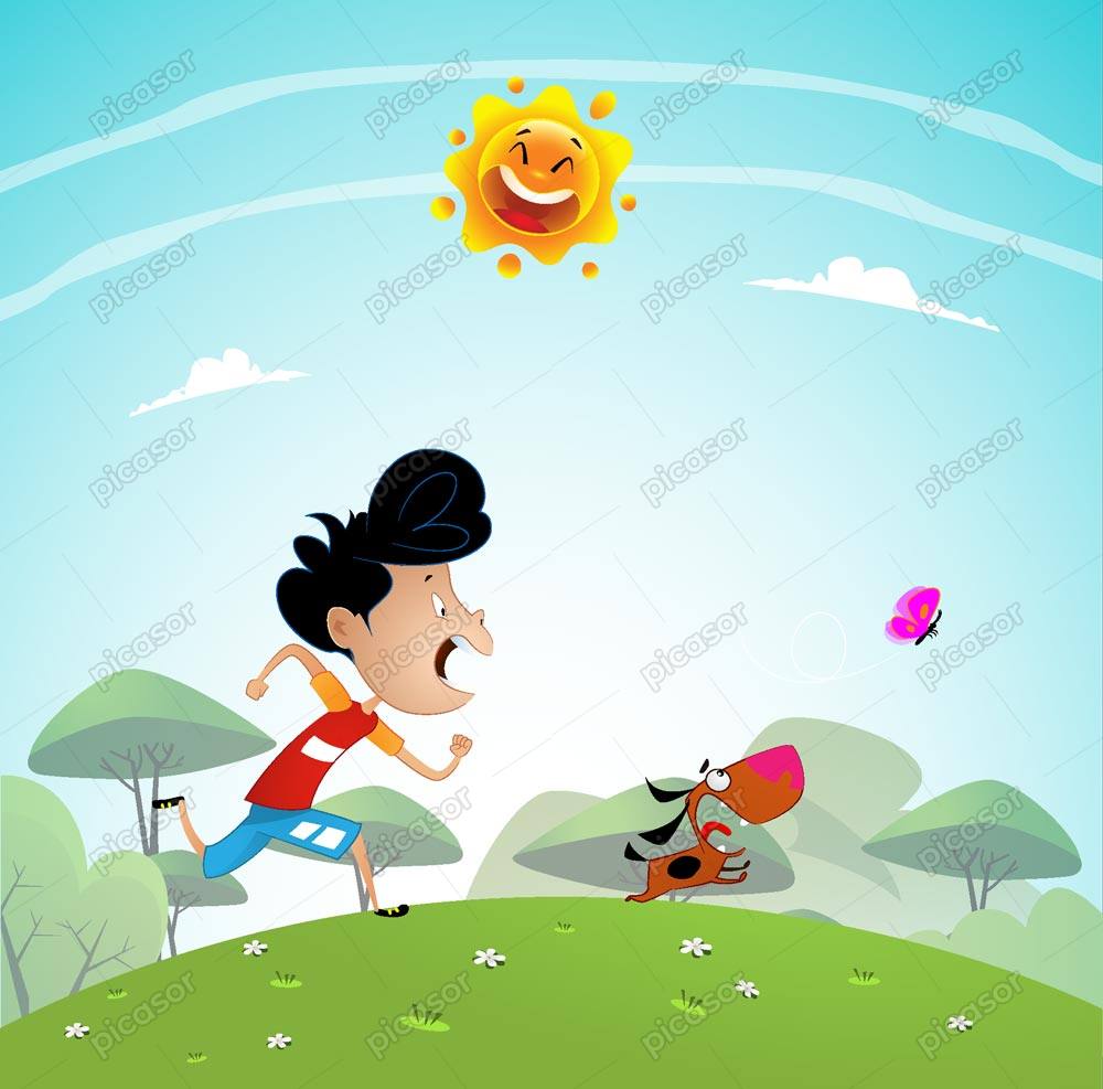 وکتور کارتونی بازی پسربچه با سگ در پارک وکتور کارتونی بازی پسربچه با سگ در پارک