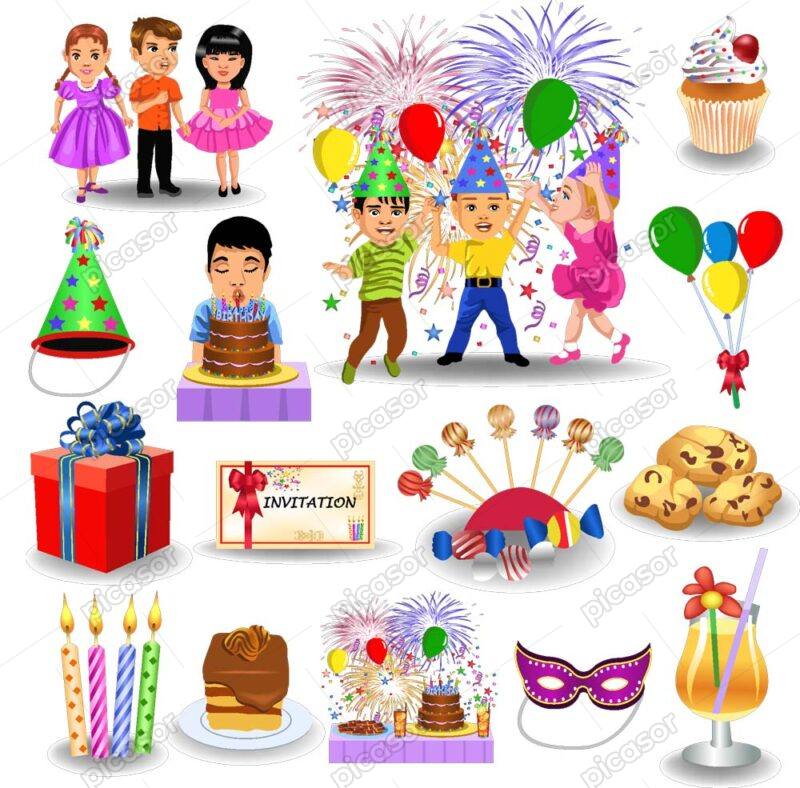 15 وکتور جشن تولد بچه ها - وکتور هدیه تولد فشفشه کیک تولد و بادکنک