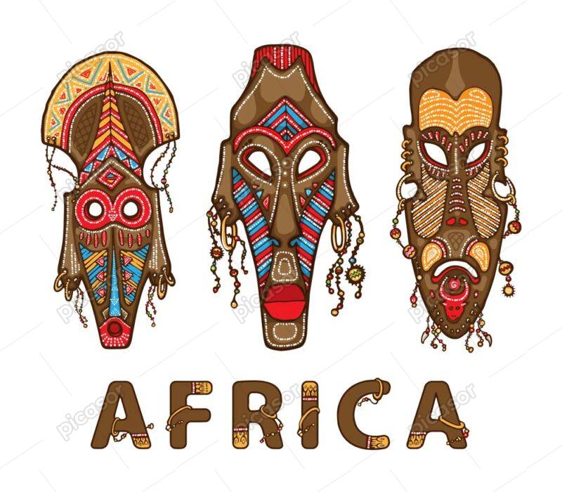 3 وکتور ماسک چوبی نماد قبایل آفریقا - وکتور مجسمه چوبی آفریقایی سمبل و فرهنگ آفریقا