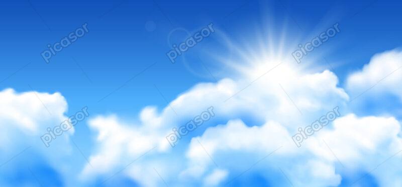 وکتور پس زمینه ابرهای سفید و آسمان آبی و خورشید طراحی واقعی