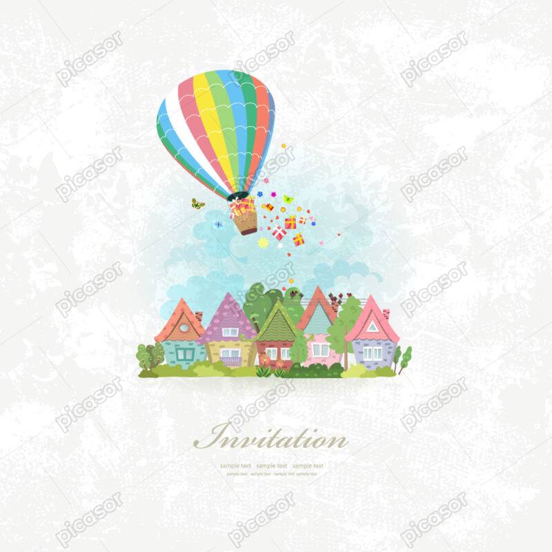 وکتور کارت پستال خانه های روستایی - وکتور پس زمینه کودکانه از دهکده کارتونی با بالن در آسمان