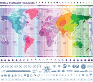وکتور نقشه جهان با اختلاف زمانی کشورها و ساعات به وقت محلی و مجموعه بزرگ از آیکونهای نقشه