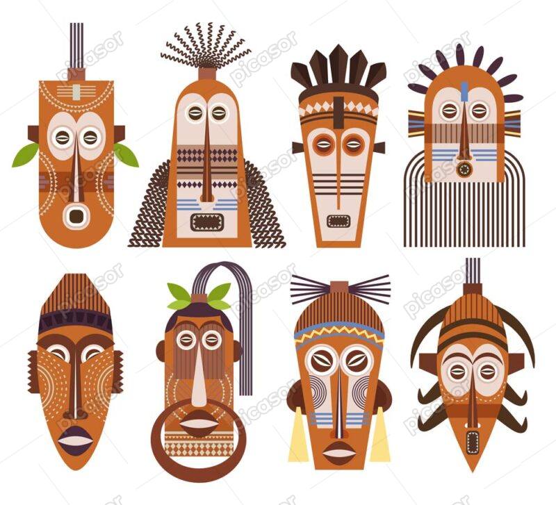 8 وکتور ماسک چوبی آفریقایی از نمادهای آفریقایی - وکتور مجسمه چوبی آفریقایی