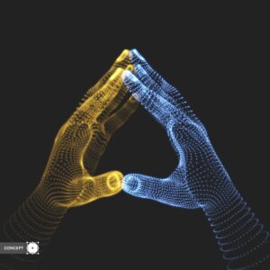 وکتور انگشتهای دست روی هم طرح دیجیتالی مشبک با خط و نقطه کانسپت تمرکز و ذن