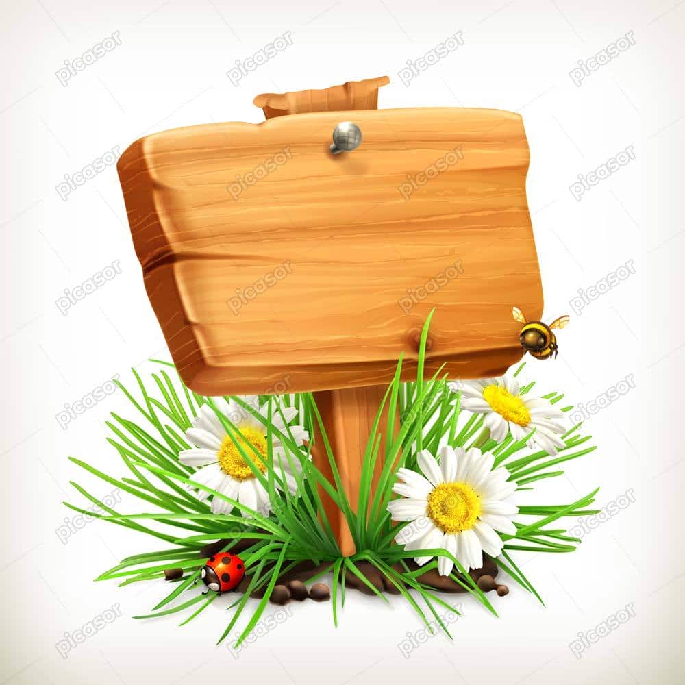 وکتور تابلو چوبی با گل و چمن وکتور تابلو چوبی با گل و چمن