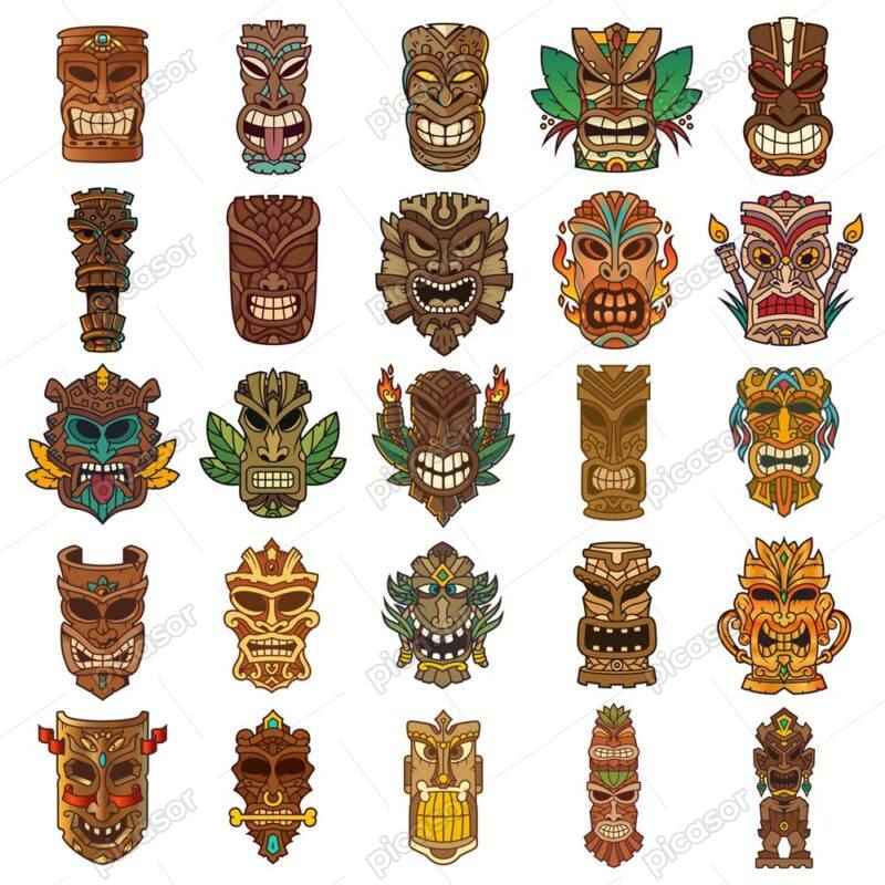 25 وکتور ماسک چوبی تیکی ماسک آفریقایی