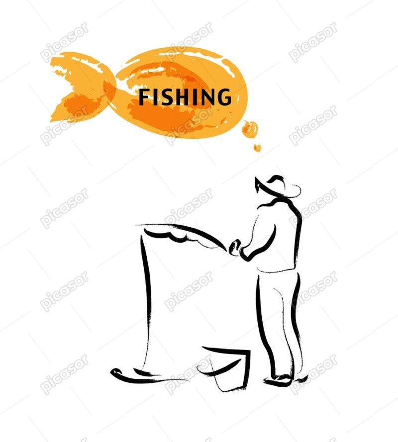 وکتور ماهیگیر در حال ماهیگیری طرح خطی