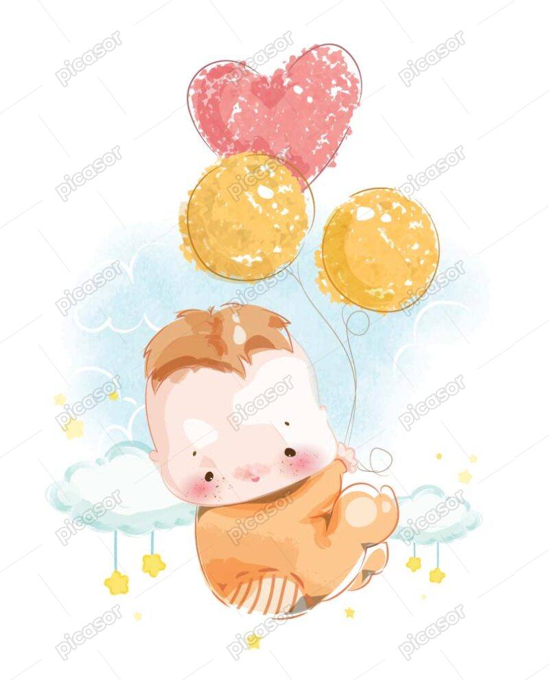 وکتور نقاشی نوزاد و بادکنک در آسمان
