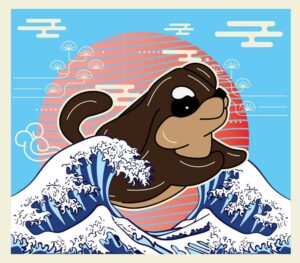 وکتور تابلو نقاشی سگ در دریا سبک ژاپنی