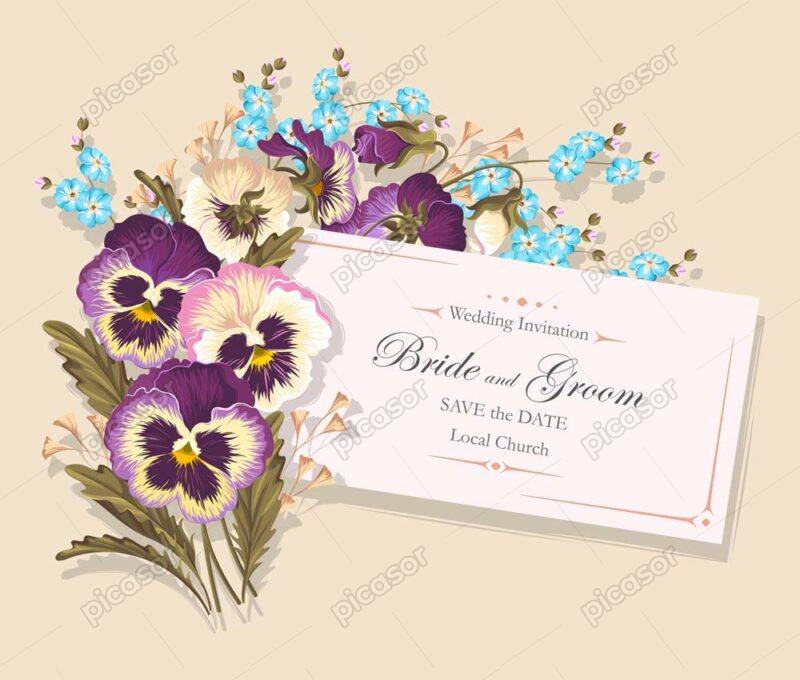 وکتور دسته گل بنفشه و کارت دعوت - وکتور گلهای بنفشه