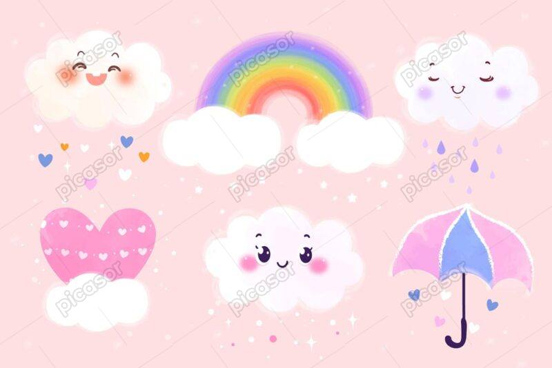 6 وکتور ابر و رنگین کمان چتر و قلب طرح نقاشی کودکانه - وکتور پس زمینه کودکانه