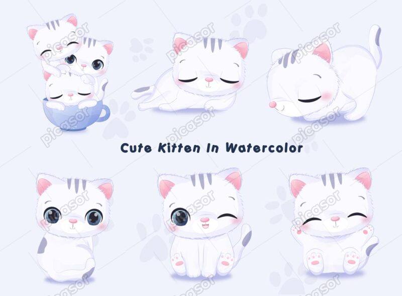6 وکتور بچه گربه سفید بامزه طرح نقاشی آبرنگی
