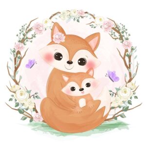 وکتور روباه مادر و بچه روباه در قاب گل طرح نقاشی آبرنگی