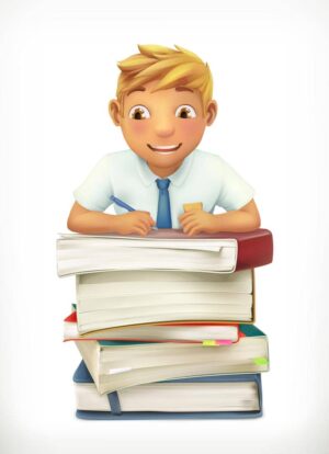 وکتور دانش آموز پسر با کتاب های درسی مدرسه - وکتور شخصیت کارتونی پسر کوچولو