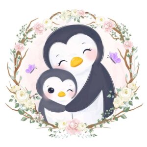 وکتور پنگوئن مادر و بچه پنگوئن در قاب گل طرح نقاشی آبرنگی
