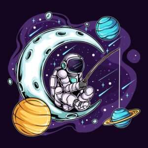 وکتور فضانورد روی ماه و ماهیگیری - وکتور تصویرسازی فضانورد روی ماه مشغول ماهیگیری در فضا