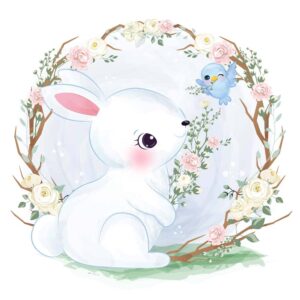 وکتور بچه خرگوش سفید در قاب گل طرح نقاشی آبرنگی