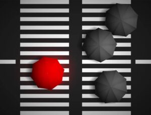 وکتور چتر قرمز با چترهای سیاه روی خط عابر پیاده - وکتور پس زمینه مدیریت کسب و کار