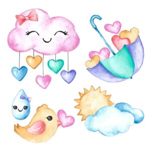 5 وکتور ابر و خورشید چتر و گنجشک نقاشی کودکانه