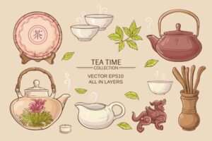 6 وکتور فنجان چای قوری چای چینی