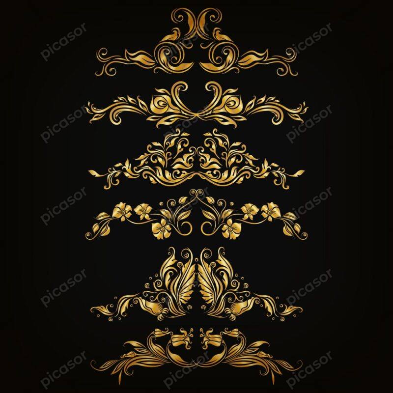 6 وکتور جداکننده لاکچری با گل و برگ طلایی زینتی ویکتورین - وکتور المانهای اشرافی طلایی تزئینی