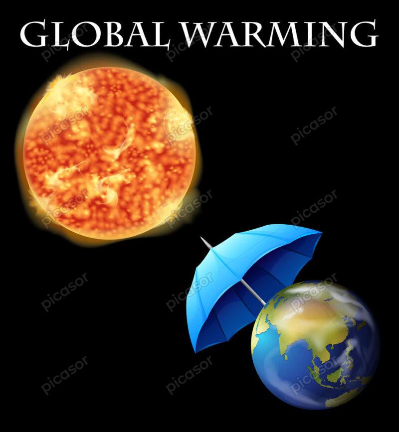 وکتور کره زمین با چتر جلوی خورشید - وکتور افزایش دمای زمین و گرمایش زمین
