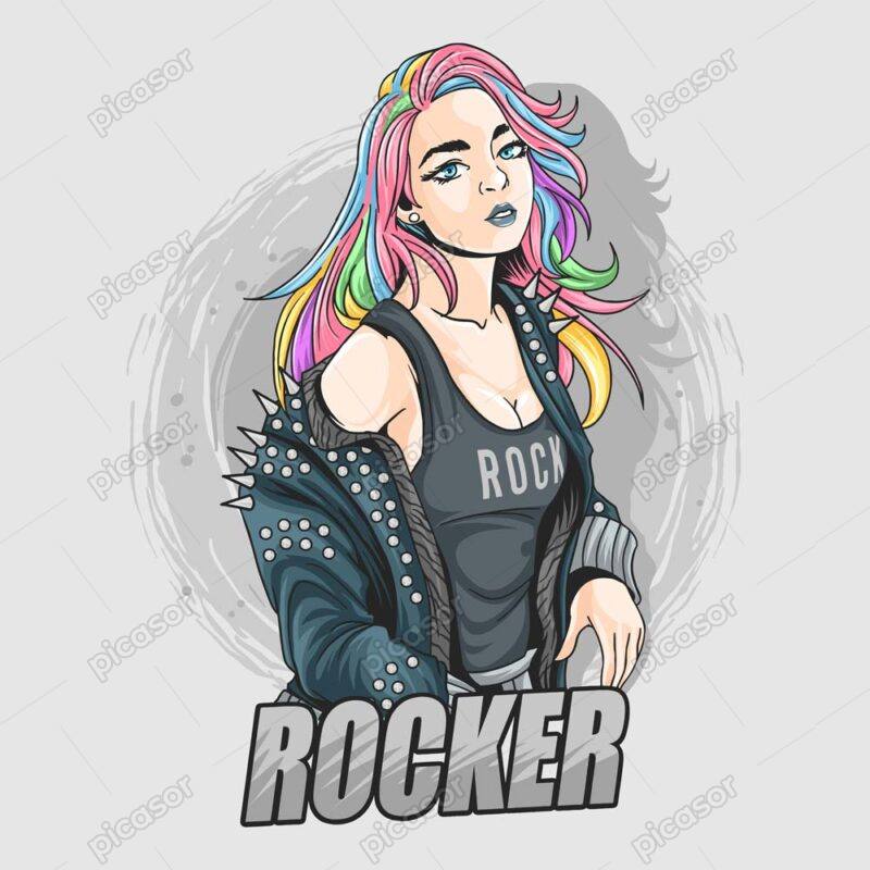وکتور دختر با استایل راک و موهای رنگی
