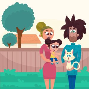 وکتور خانواده با حیوان خانگی گربه - وکتور تصویرسازی زن و مرد با بچه و گربه