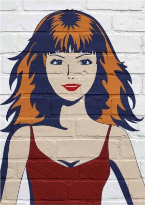 وکتور نقاشی دختر زیبا روی دیوار طرح دیوارنگاری گرافیتی دختر جوان با لباس قرمز