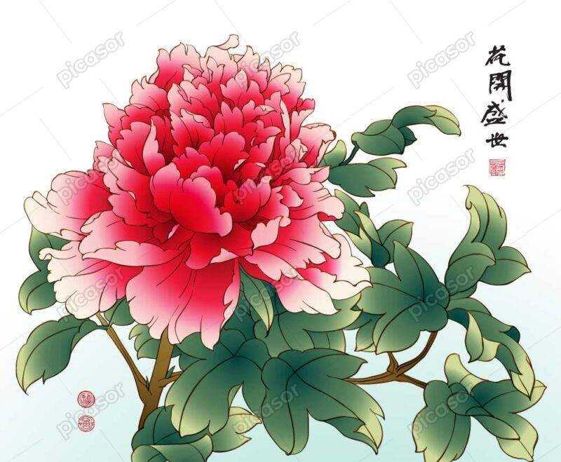 وکتور گل قرمز پیونی - وکتور نقاشی گل سبک چینی