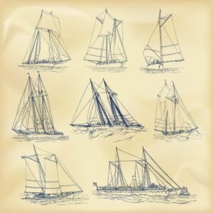 8 وکتور نقاشی کشتی بادبانی در دریا طرح اسکچ واقعی