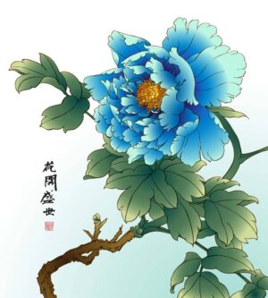 وکتور گل پیونی آبی - وکتور نقاشی گل سبک چینی