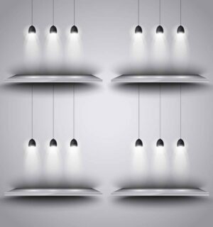 4 وکتور شلف دیواری و قفسه با نورپردازی لامپ برای تبلیغ محصولات، شبیه سازی ویترین یا دکوراسیون دیوار